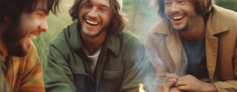 Group of friends smiling while sitting around a fire